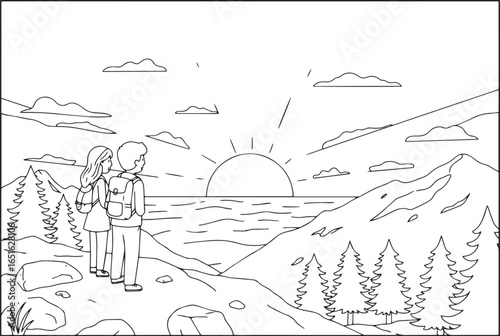 Line art illustration: Couple enjoying a mountain landscape at s