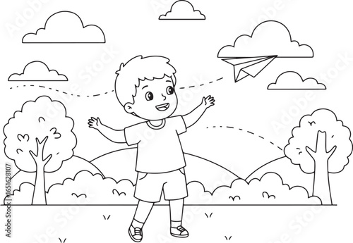 Cartoon illustration of a happy child playing with a paper airpl