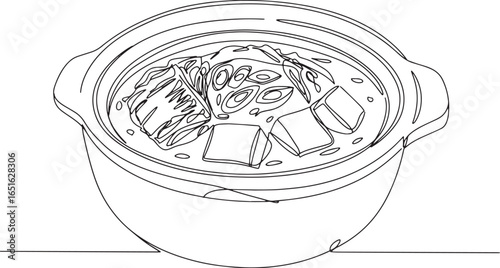 Minimalist Line Art Depicting Korean Kimchi Jjigae Stew, Fresh a