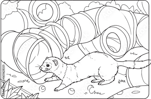 A detailed black and white illustration of a ferret playing in t