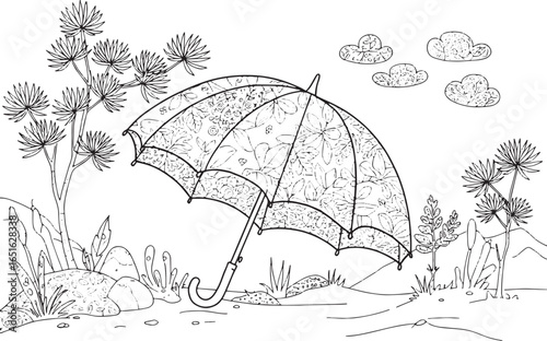 Delicate Botanical Pattern Umbrella with Landscape Coloring Page