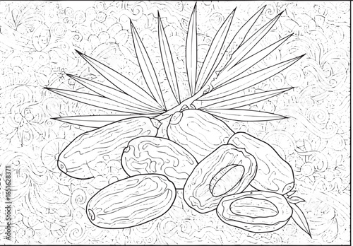 Detailed date fruit and palm leaf coloring page on abstract patt