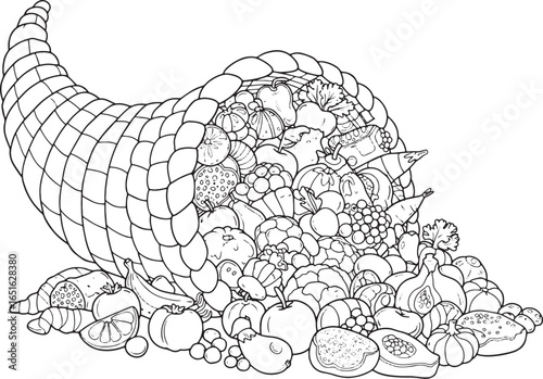 Cornucopia overflowing with bounty: a line art illustration for