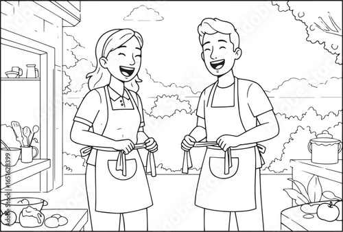 Smiling couple tying aprons in an outdoor kitchen scene line art