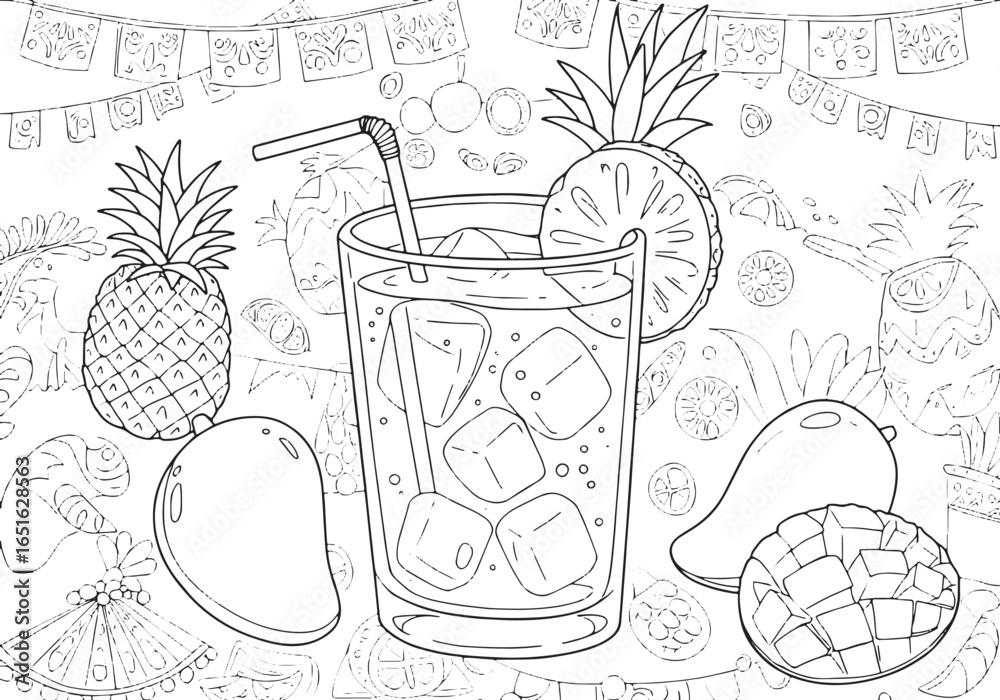 Black and white tropical agua fresca illustration featuring refr