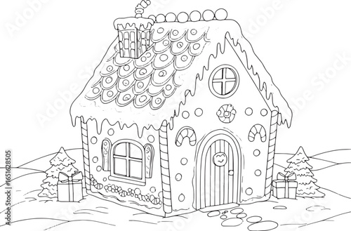 Delightful Gingerbread House Line Art Illustration for Coloring