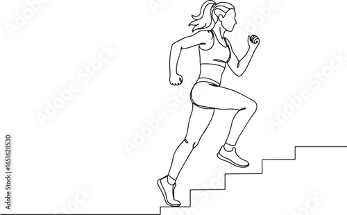 Continuous line drawing of a woman running up stairs demonstrati