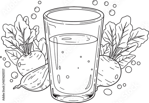 Outlined beetroot juice glass illustration with fresh vegetables