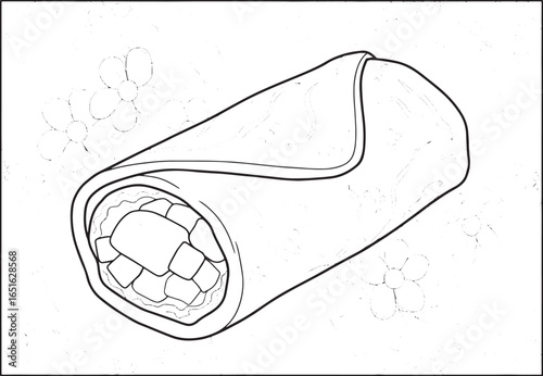 Intricate outline illustration of a spring roll on a floral tape