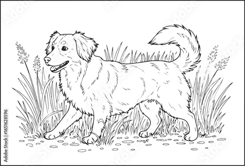 Black and White Illustration of a Dog in a Field Suitable for Co