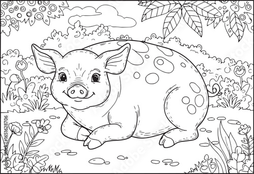 Whimsical Illustration of a Relaxing Piglet amidst Foliage for C
