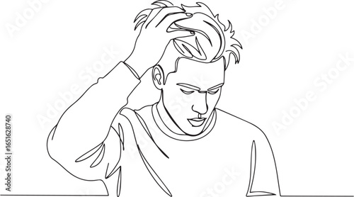 Continuous line drawing of a thoughtful man with hand on his hea