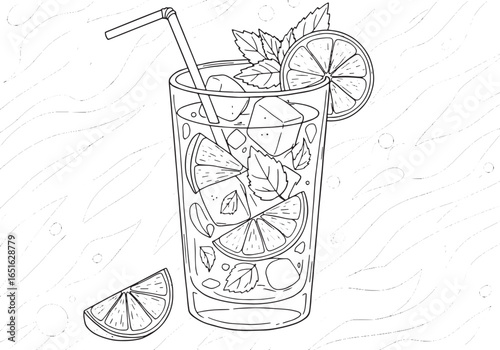 Refreshing mojito illustration with citrus slices, ice cubes, an