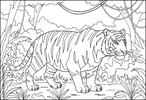 Striking bengal tiger outlined illustration amidst dense jungle