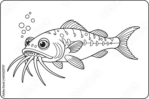 Whimsical coloring page of a funny catfish with barbels and bubb