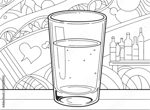 Monochrome illustration of a vodka glass against a bar backgroun