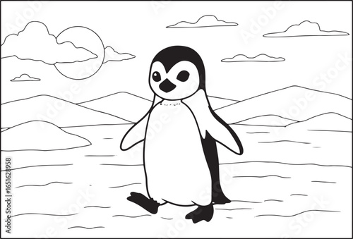 Cartoon penguin in antarctica scene for coloring book or educati