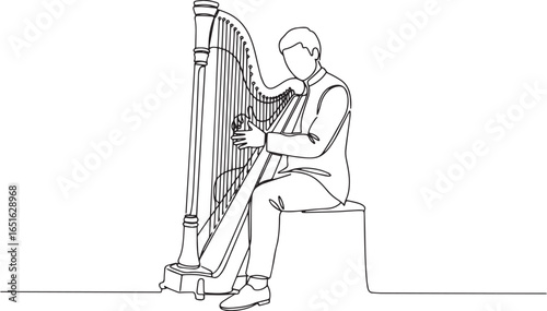 Continuous Line Art: Man Seated Playing the Harp Musical Instrum