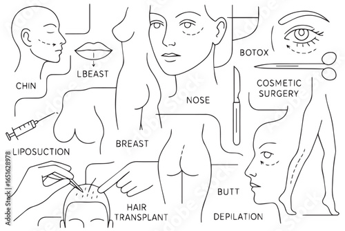 Minimalist cosmetic surgery line art, featuring various aesthetic treatments like liposuction, botox, breast surgery, and hair transplant liposuction healthcare lineart