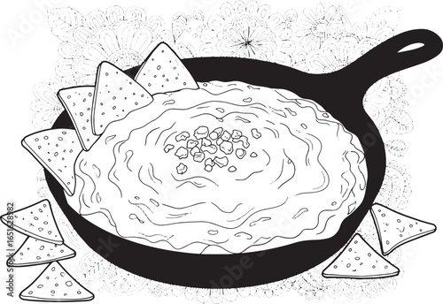 Delicious queso fundido illustration served in cast iron skillet