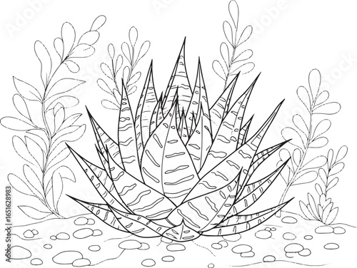 Detailed line art of a zebra haworthia succulent surrounded by l