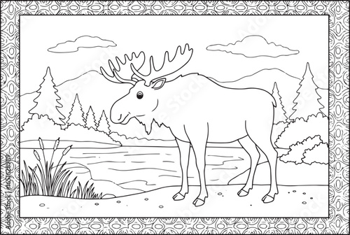 Moose in Forest Landscape Coloring Page Outline for Kids and Adu