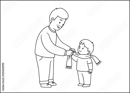 A heart warming illustration of a father tying a scarf on his so