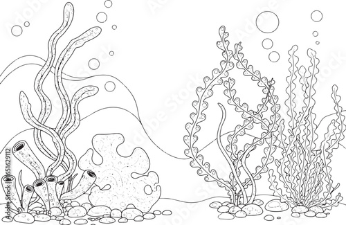 Enchanting underwater garden line art for coloring book with mar