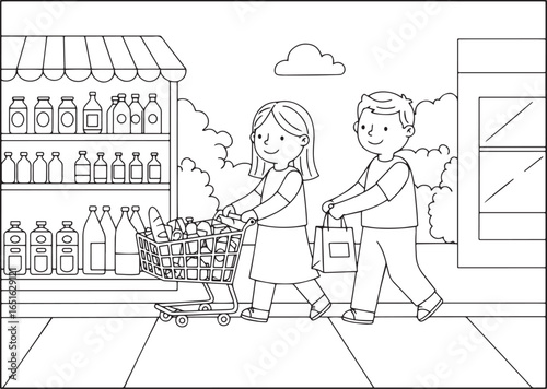 Whimsical family outing: monochrome illustration of a shopping t
