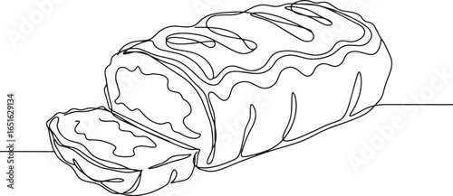 Minimalist continuous line drawing of savory meatloaf slice on w