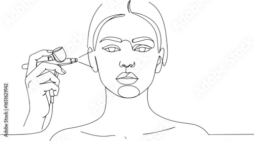 Minimalist line art portraying a woman getting airbrush makeup a