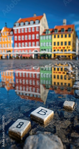 Vibrant, colorful buildings reflected in a puddle, with letter tiles in the foreground, creating a charming, slightly blurry city square scene