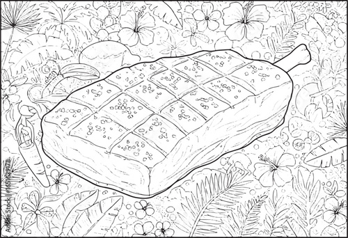 Exotic Jamaican Jerk Pork Coloring Page with Tropical Foliage an