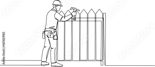 Continuous line drawing of a construction worker repairing a woo