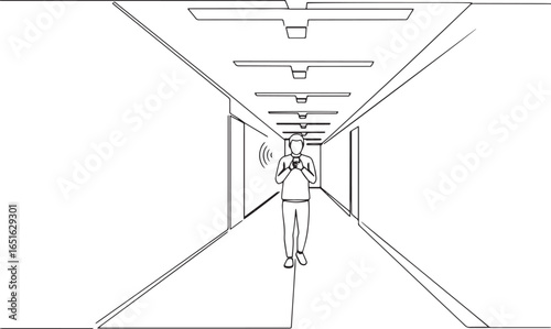 Man using smartphone in modern corridor transmits wireless signa