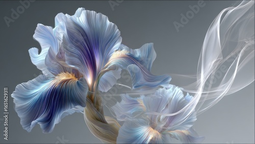 Abstract digital artwork depicting two stylized irises in soft blues, purples, and creams, with ethereal smoke-like tendrils swirling around them against a muted gray background