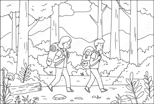 Couple hiking in a forest coloring page, adventure and outdoor r