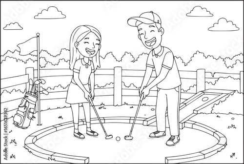 Charming couple enjoying a delightful miniature golf outing cart