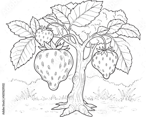 Whimsical Strawberry Tree Illustration with Intricate Line Work