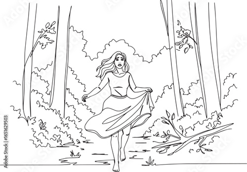 Distressed woman fleeing through a dense forest in monochromatic