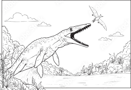 Detailed line art depicts a prehistoric mosasaurus breaching nea