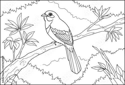 Detailed line art illustration of a trogon bird resting on a branch 