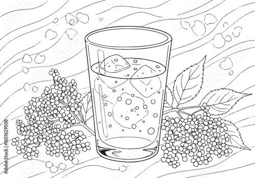 Line art illustration of elderflower cordial beverage with ice 