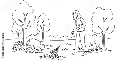 Line art illustration depicting a woman raking leaves in an autumn 