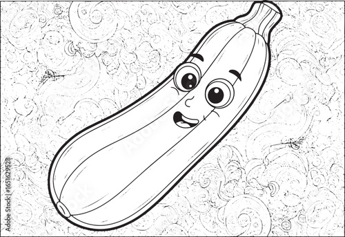 Playful zucchini cartoon illustration on intricate abstract color