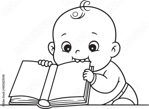 Cartoon baby chewing on an open book, depicting early childhood