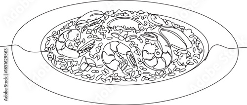 Elegant line art illustration of jambalaya featuring rice, shrimp
