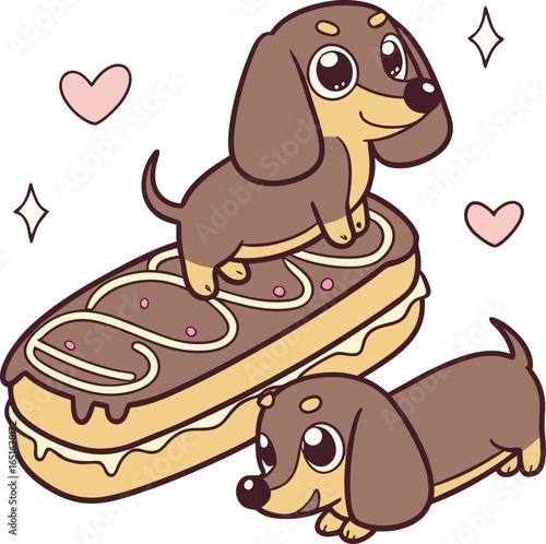 cute dachshund dog with chocolate eclair dessert