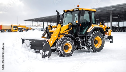 Yellow snow plow tractor in snowy parking lot