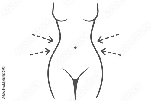 Abstract body shape with dotted lines indicating liposuction contouring and fat removal, simple aesthetic icon liposuction healthcare lineart